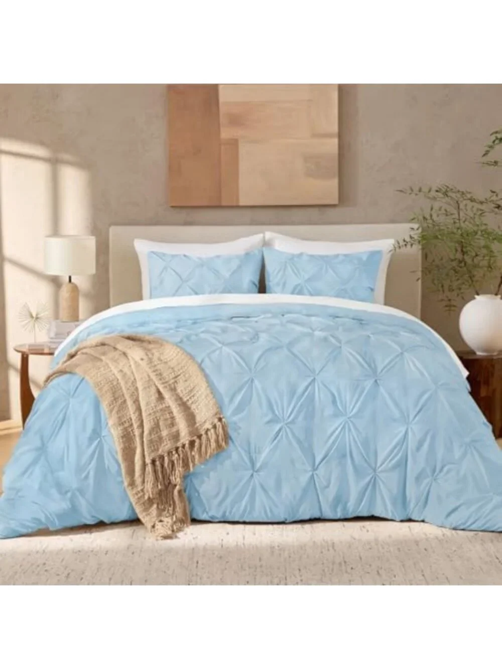 Light Blue Queen Comforter Set - 3 Piece Pinch Pleat Bedding for Cozy Home Decor